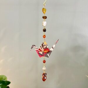 Origami Ornament #2369 - Medium Crane with Ceramic Owl